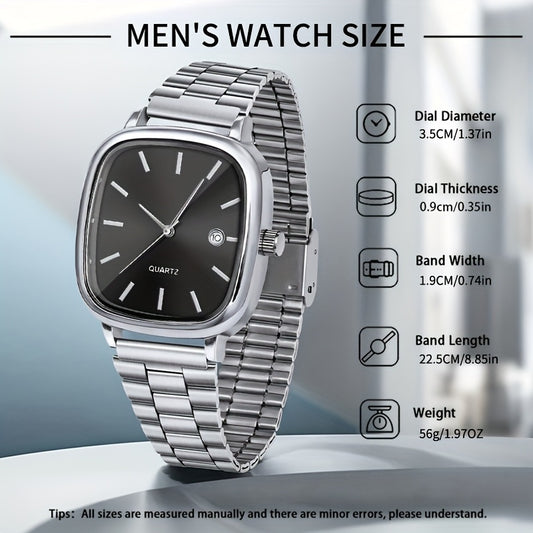 Relógio Quartz Redondo Masculino Estiloso, Caixa em Liga de Zinco, Pulseira de Aço Inoxidável, Display Analógico