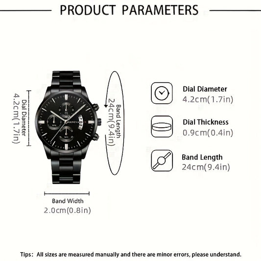 Relógio Quartz Redondo Masculino de Negócios (Business), com Display de Calendário, Pulseira de Aço Inoxidável Preta, Movimento Eletrônico