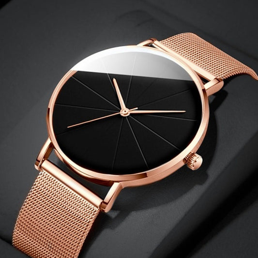 Relógio Elegante Minimalista com Mostrador Grande, Caixa em Ouro Rosa e Pulseira Mesh (Malha) - Movimento Quartz Japonês, Display Analógico, Liga de Zinco, Fechamento de Fundo