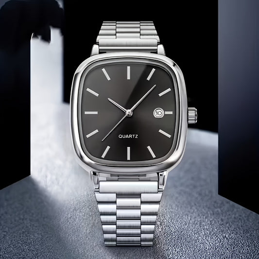 Relógio Quartz Redondo Masculino Estiloso, Caixa em Liga de Zinco, Pulseira de Aço Inoxidável, Display Analógico